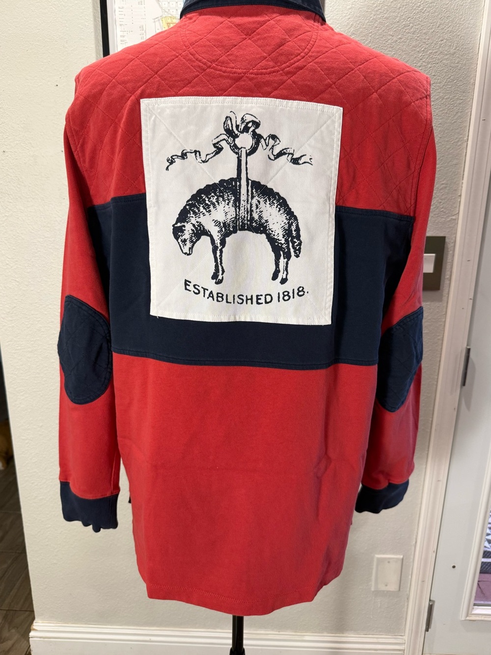 Brooks Brothers XL Red Navy Quilted Rugby Golden Fleece Back Patch